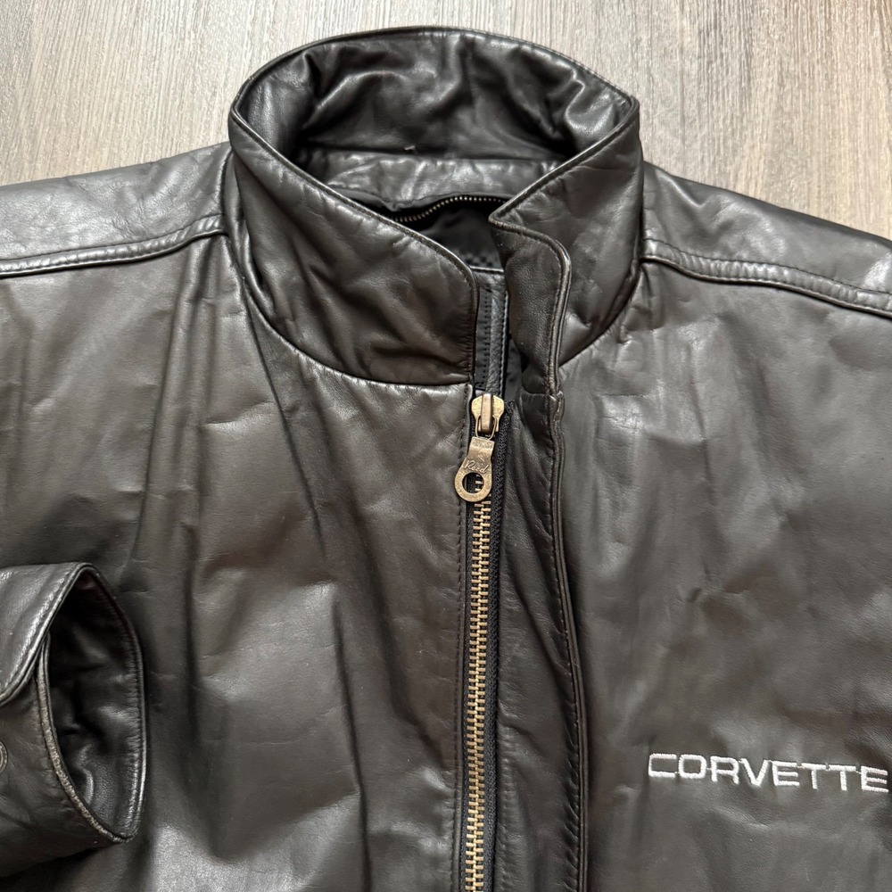 Reed Sportswear Corvette Black Leather Bomber Jacket Mens XL Vintage Racing Moto - Picture 2 of 11